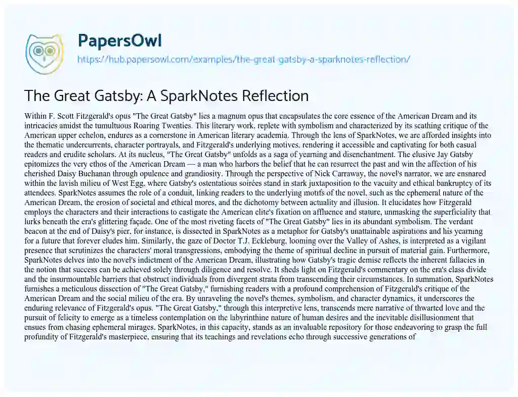 Essay on The Great Gatsby: A SparkNotes Reflection