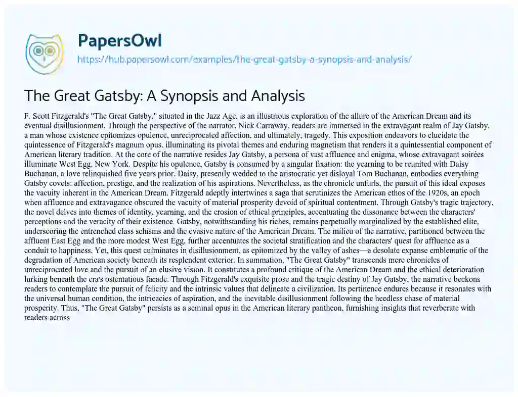 Essay on The Great Gatsby: A Synopsis and Analysis