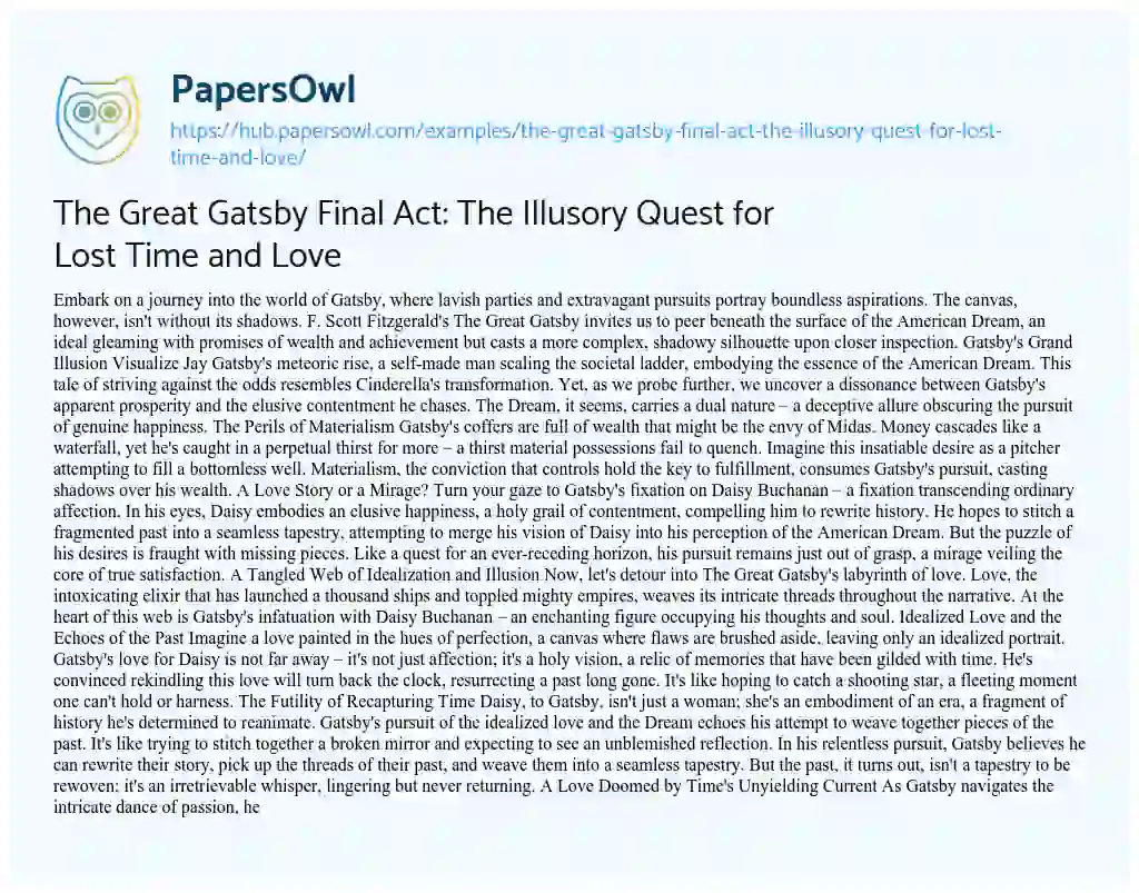 Essay on The Great Gatsby Final Act: The Illusory Quest for Lost Time and Love