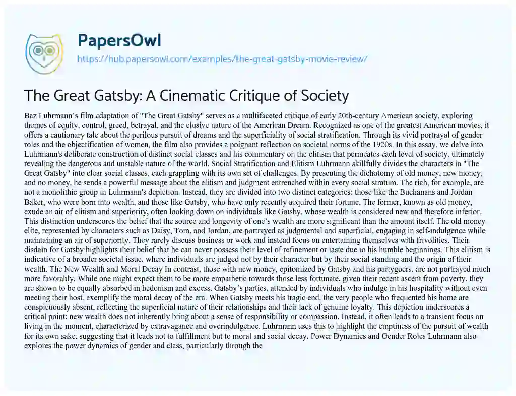 Essay on The Great Gatsby: A Cinematic Critique of Society