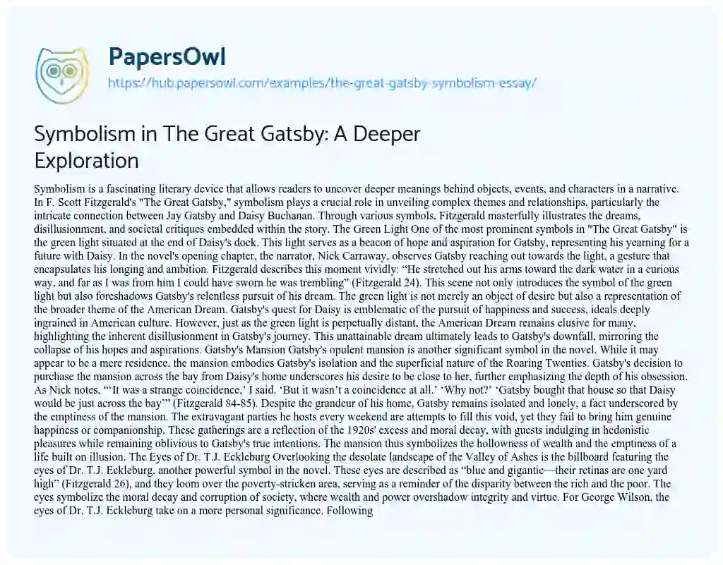 Essay on Symbolism in The Great Gatsby: A Deeper Exploration