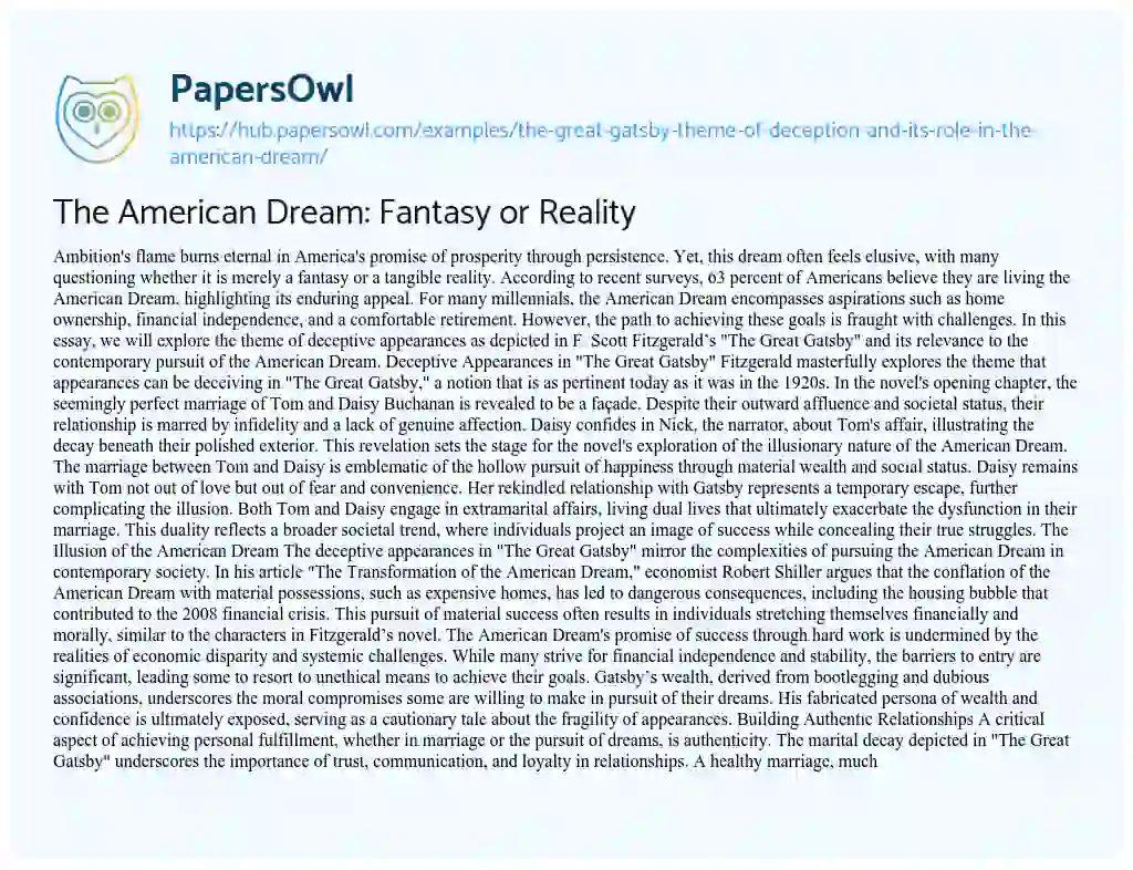 Essay on The American Dream: Fantasy or Reality