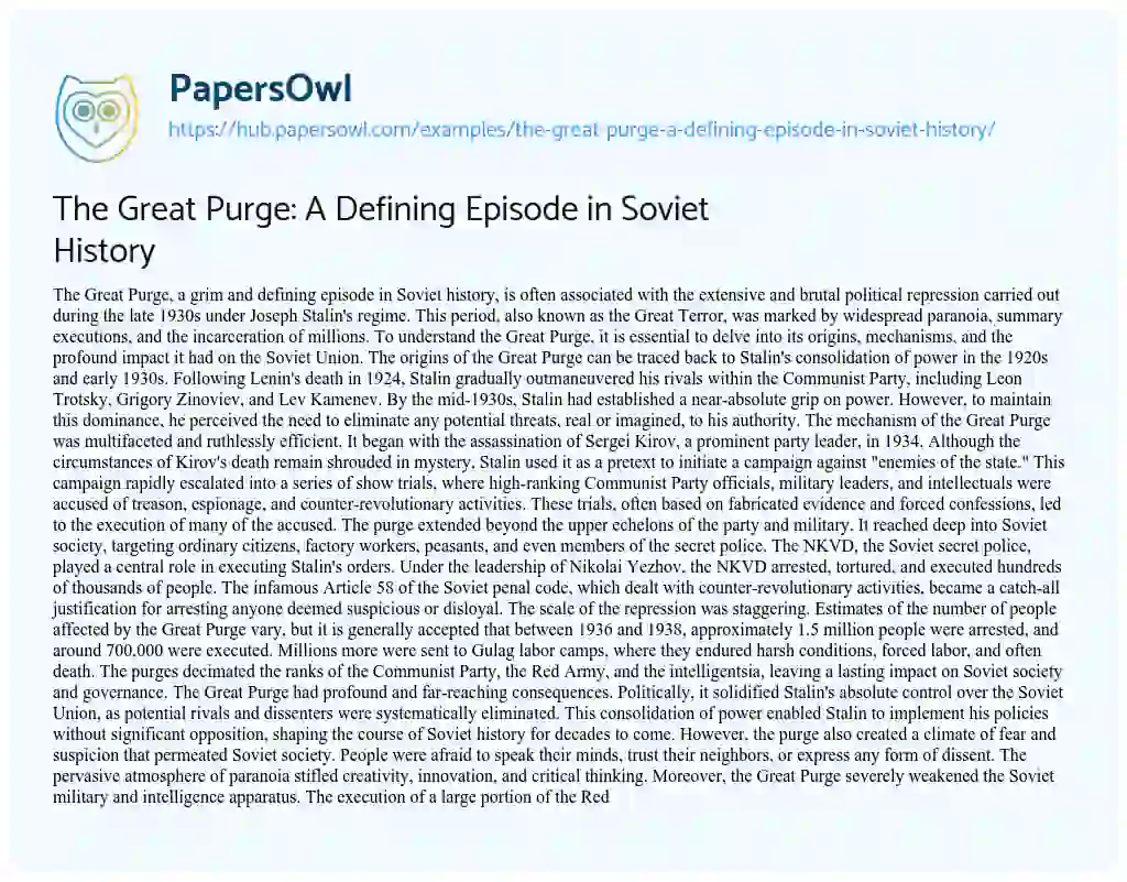 Essay on The Great Purge: A Defining Episode in Soviet History