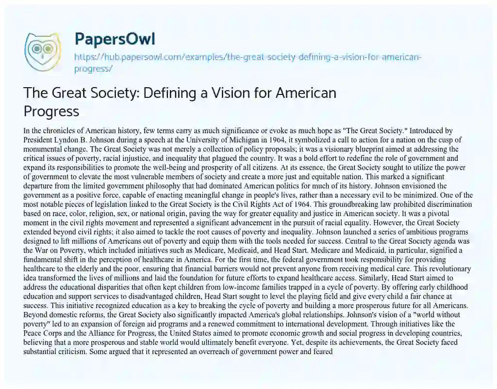 Essay on The Great Society: Defining a Vision for American Progress