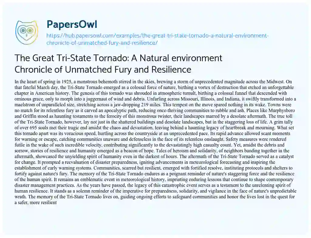 Essay on The Great Tri-State Tornado: A Natural environment Chronicle of Unmatched Fury and Resilience