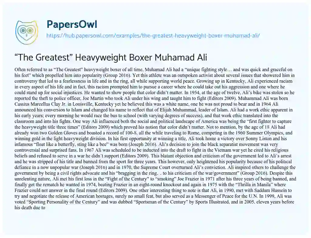 Essay on “The Greatest” Heavyweight Boxer Muhamad Ali