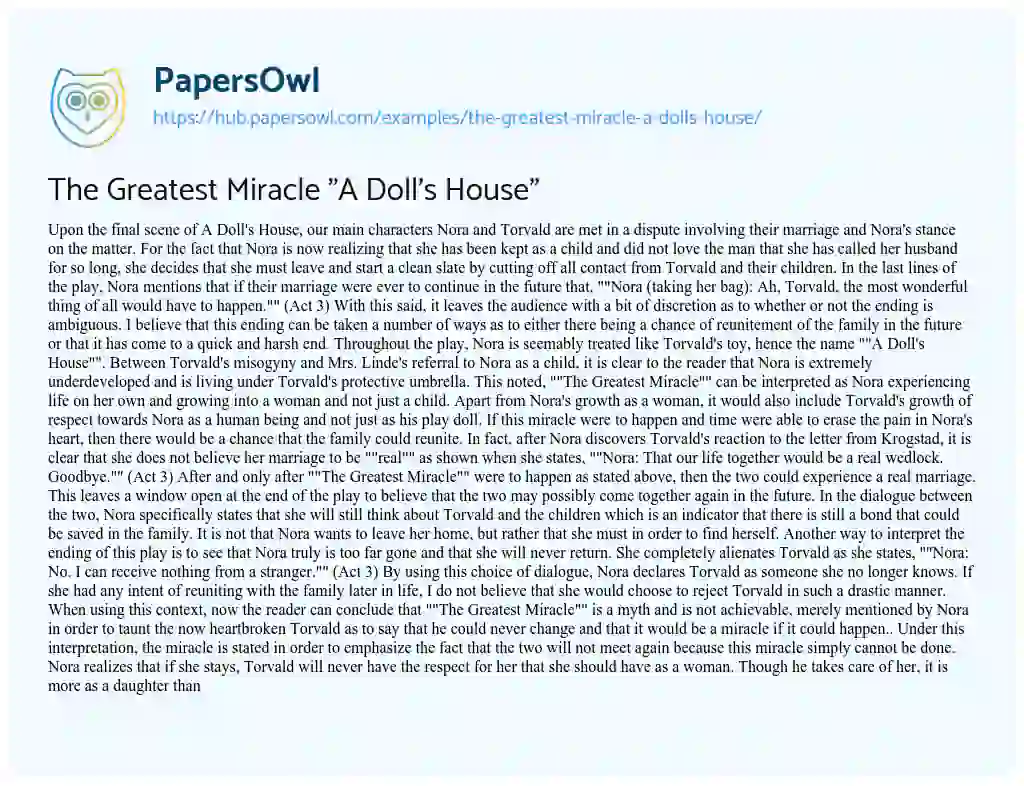 Essay on The Greatest Miracle “A Doll’s House”