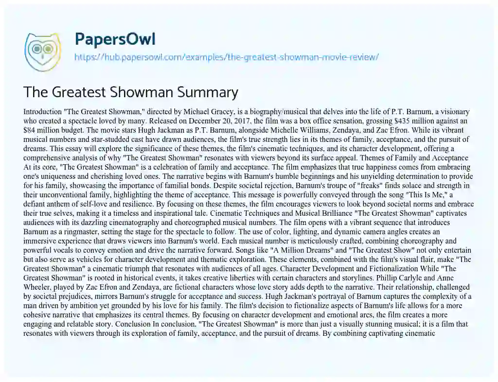 Essay on The Greatest Showman Summary