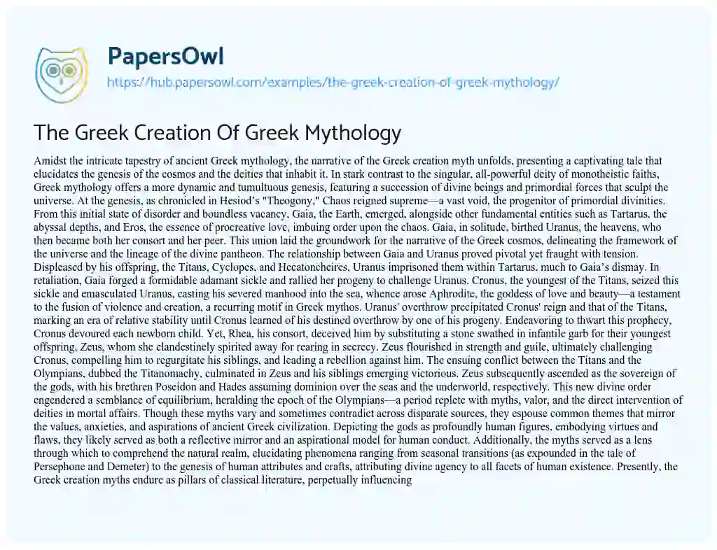 Essay on The Greek Creation Of Greek Mythology