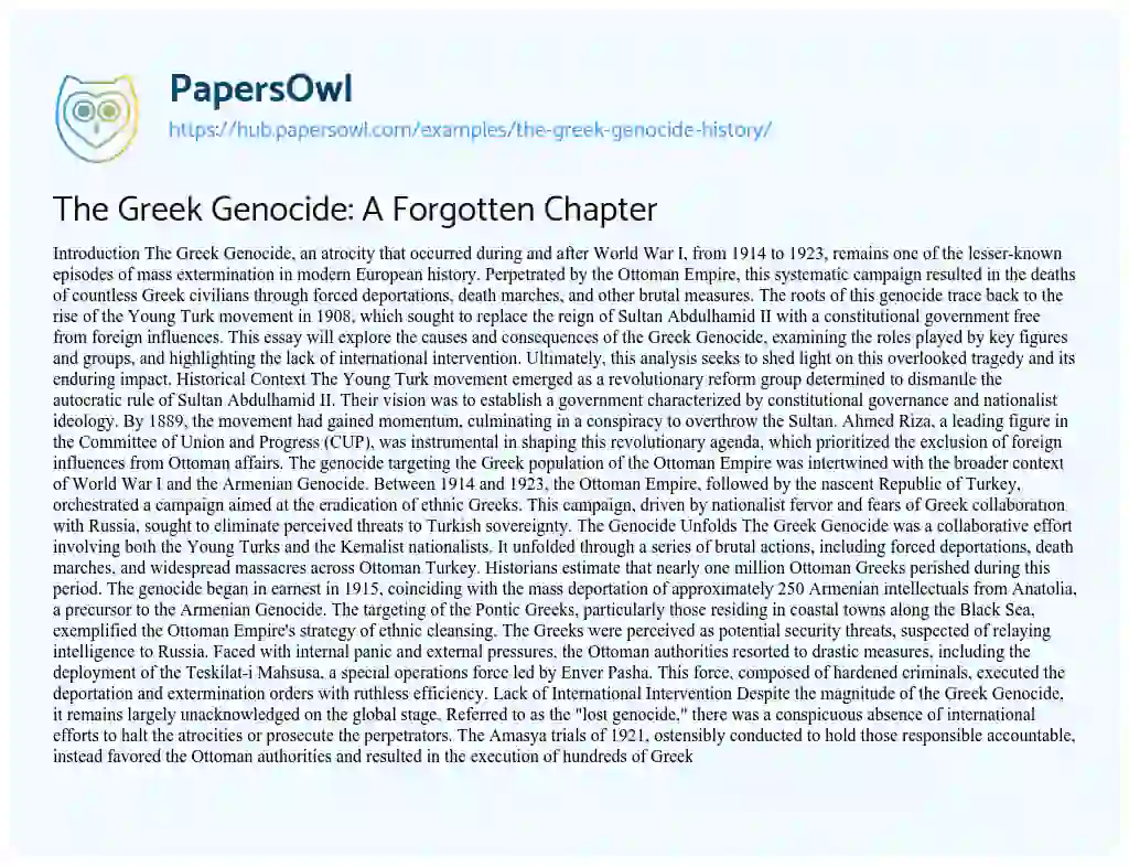 Essay on The Greek Genocide: A Forgotten Chapter