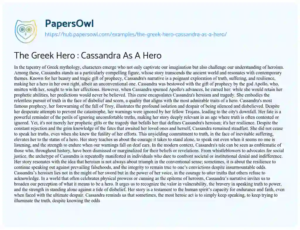 Essay on The Greek Hero : Cassandra As A Hero