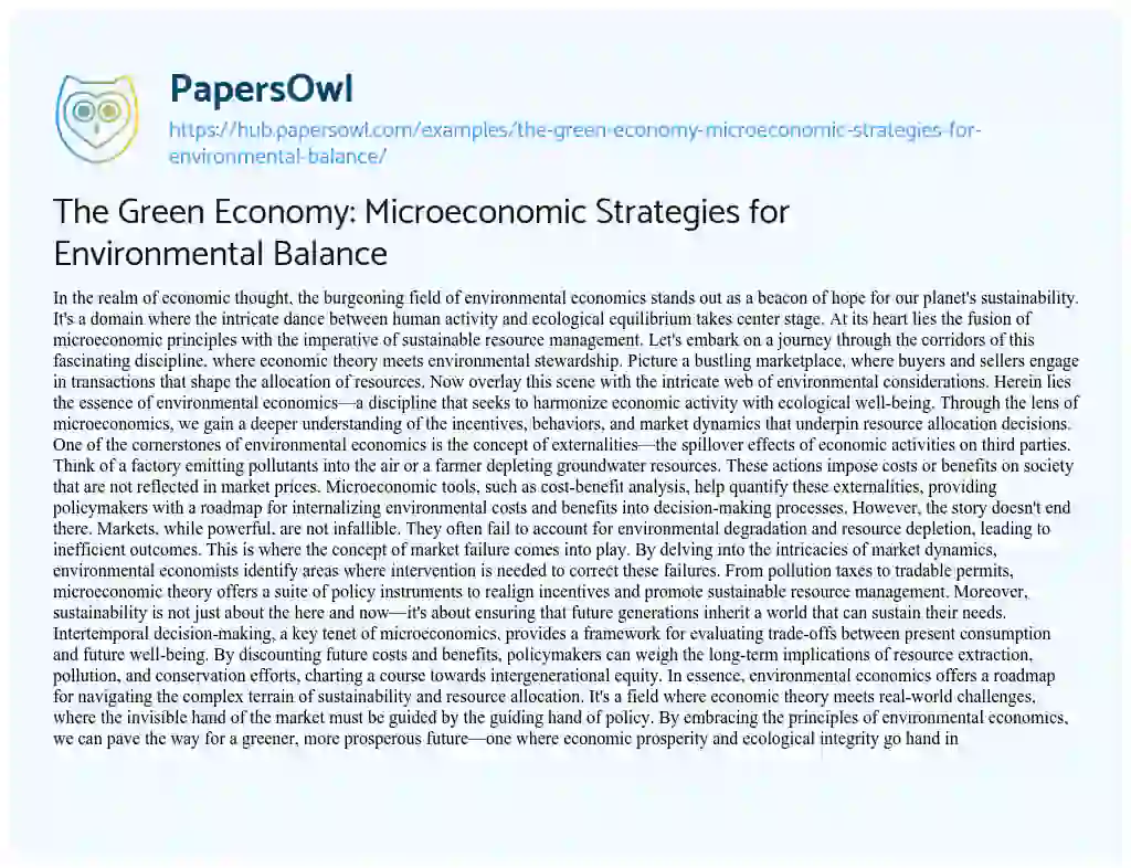Essay on The Green Economy: Microeconomic Strategies for Environmental Balance