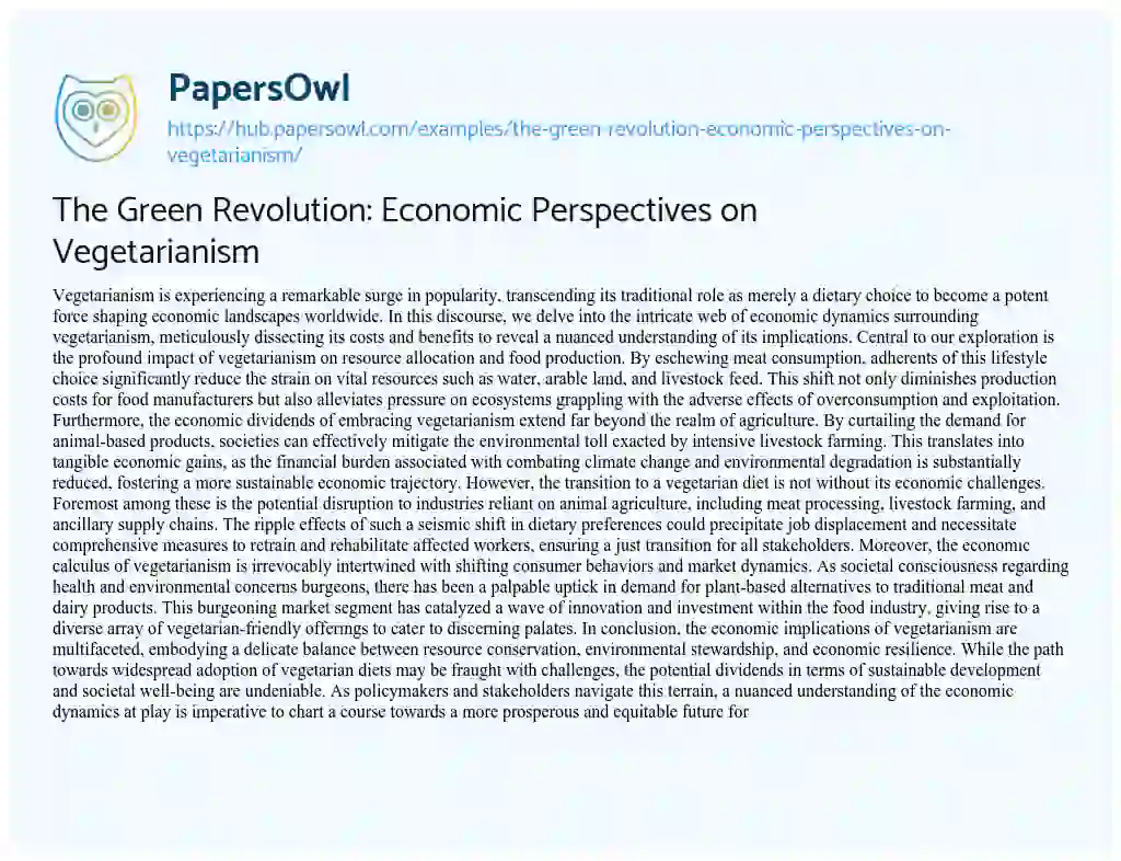 Essay on The Green Revolution: Economic Perspectives on Vegetarianism