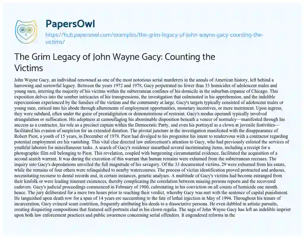 Essay on The Grim Legacy of John Wayne Gacy: Counting the Victims