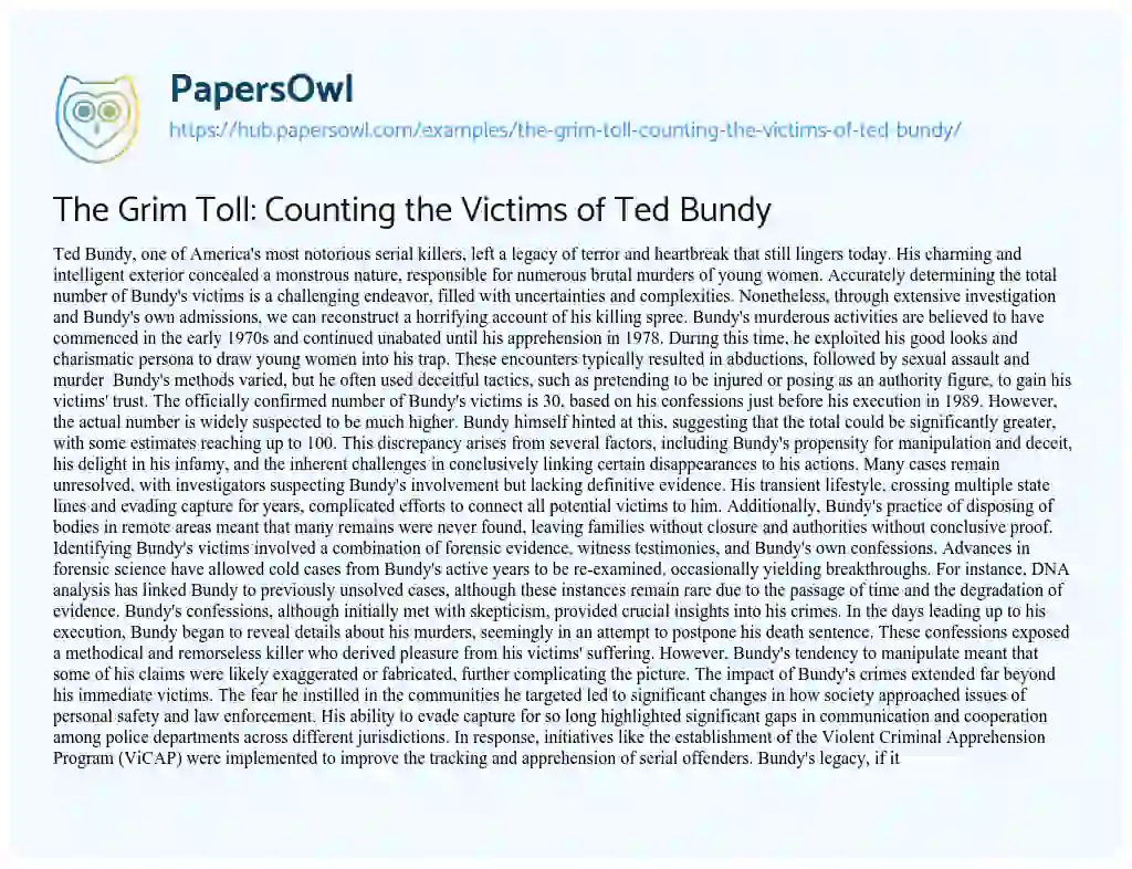 Essay on The Grim Toll: Counting the Victims of Ted Bundy