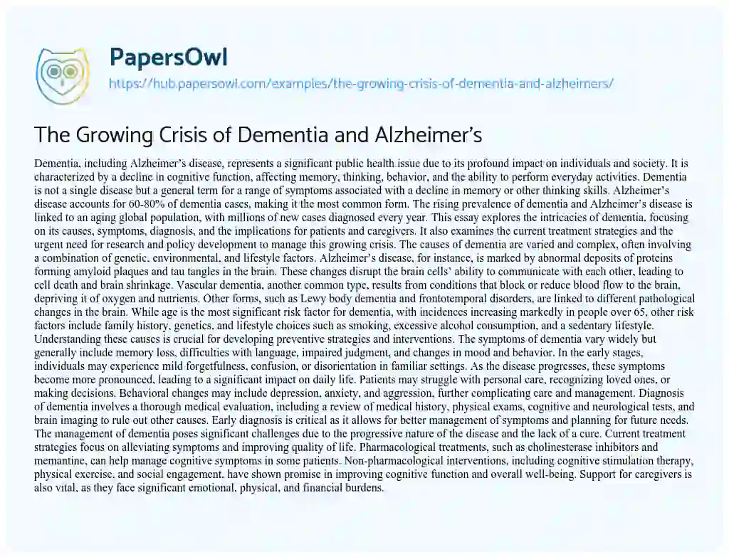 Essay on The Growing Crisis of Dementia and Alzheimer’s