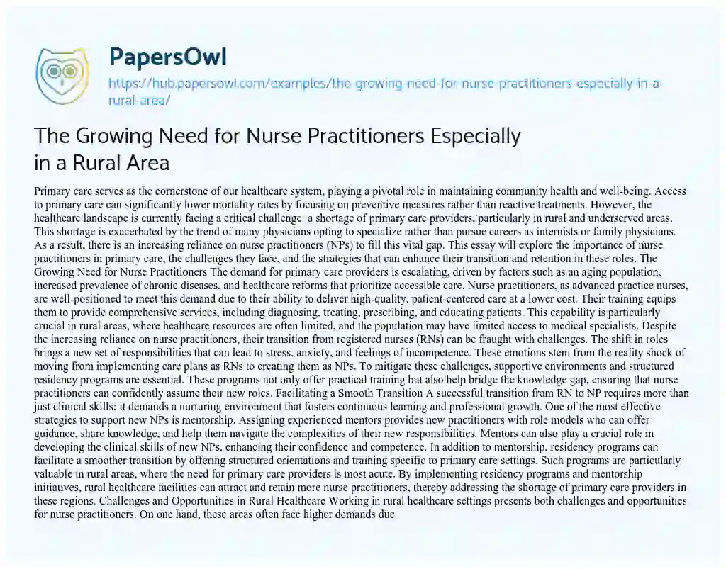 Essay on The Growing Need for Nurse Practitioners Especially in a Rural Area