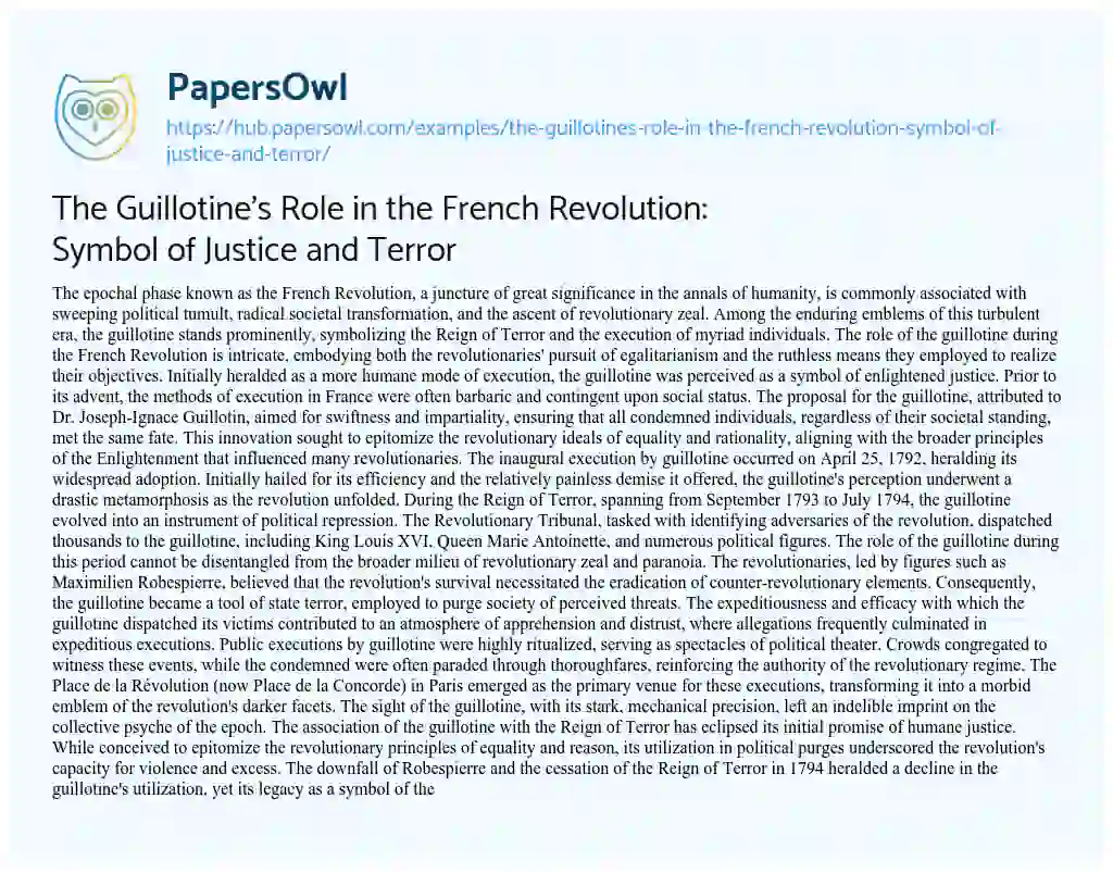 Essay on The Guillotine’s Role in the French Revolution: Symbol of Justice and Terror