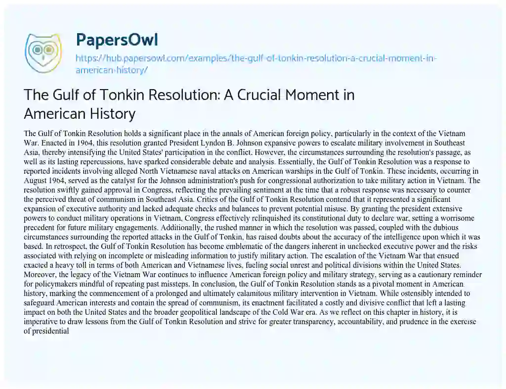 Essay on The Gulf of Tonkin Resolution: A Crucial Moment in American History