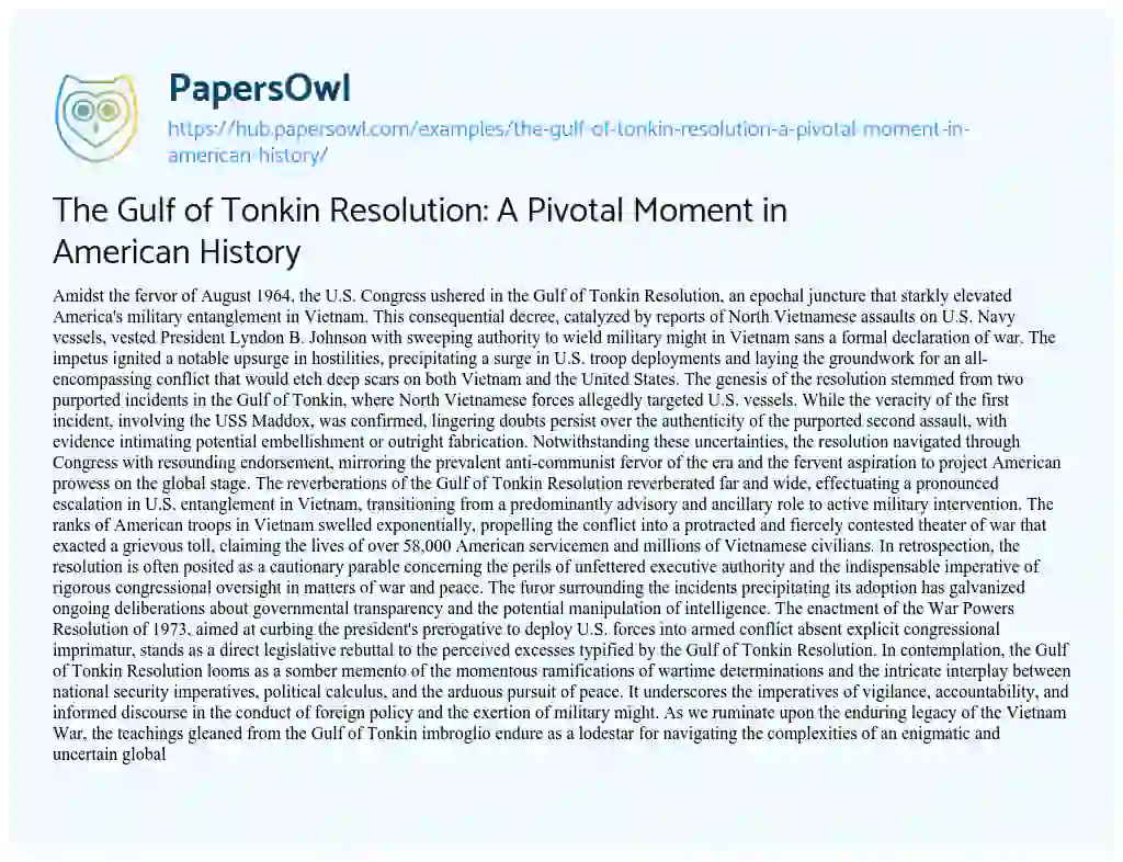 Essay on The Gulf of Tonkin Resolution: A Pivotal Moment in American History
