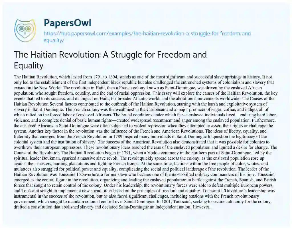 Essay on The Haitian Revolution: A Struggle for Freedom and Equality