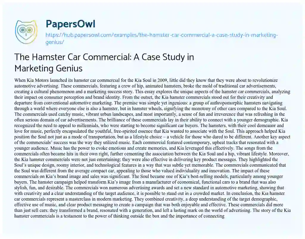 Essay on The Hamster Car Commercial: A Case Study in Marketing Genius