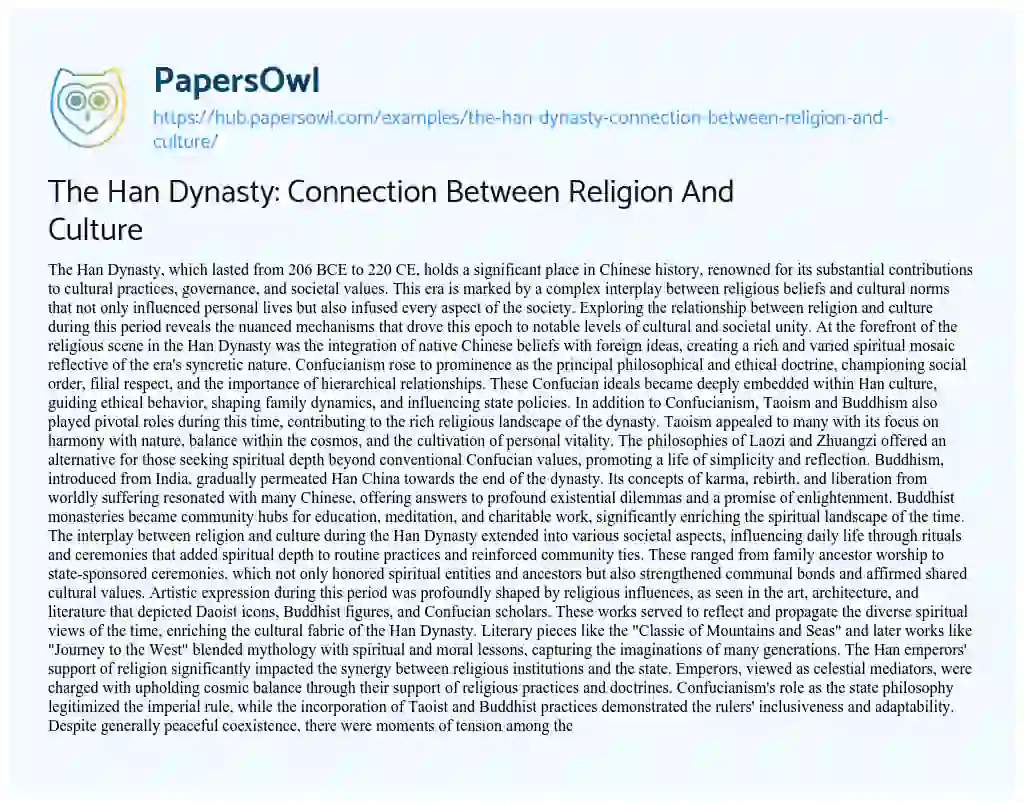 Essay on The Han Dynasty: Connection Between Religion And Culture