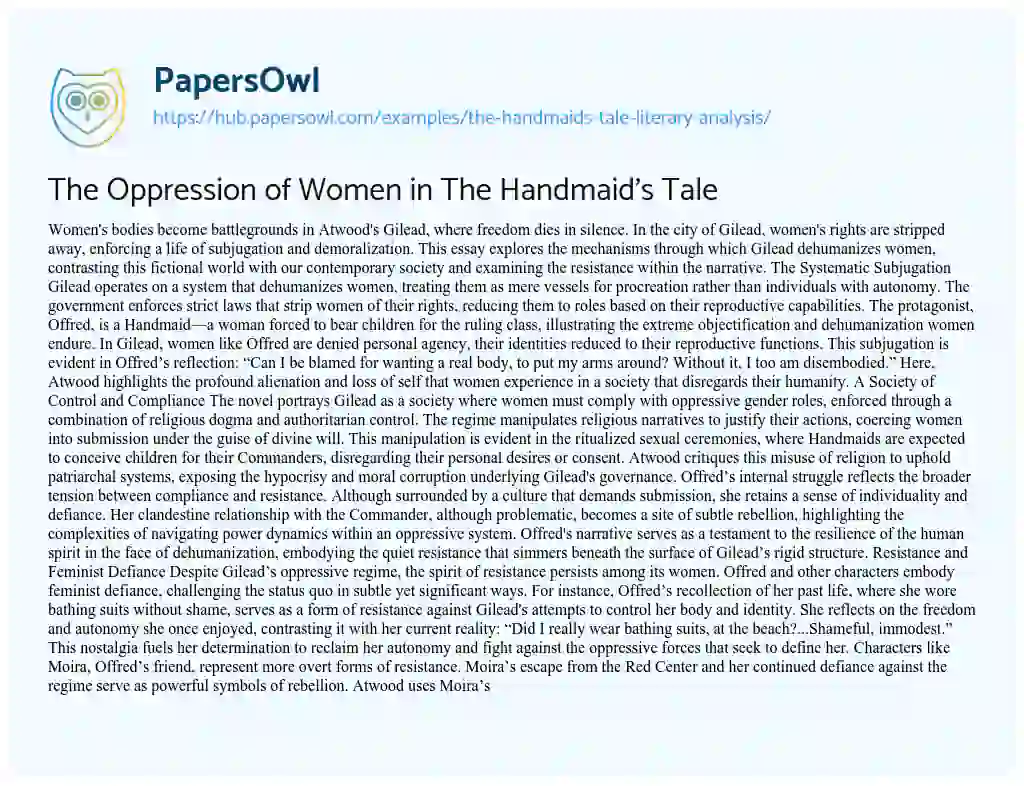 Essay on The Oppression of Women in The Handmaid’s Tale