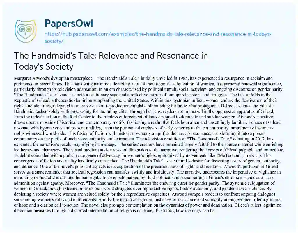 Essay on The Handmaid’s Tale: Relevance and Resonance in Today’s Society