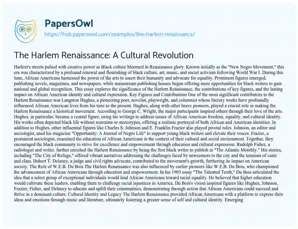 Essay on The Harlem Renaissance: A Cultural Revolution
