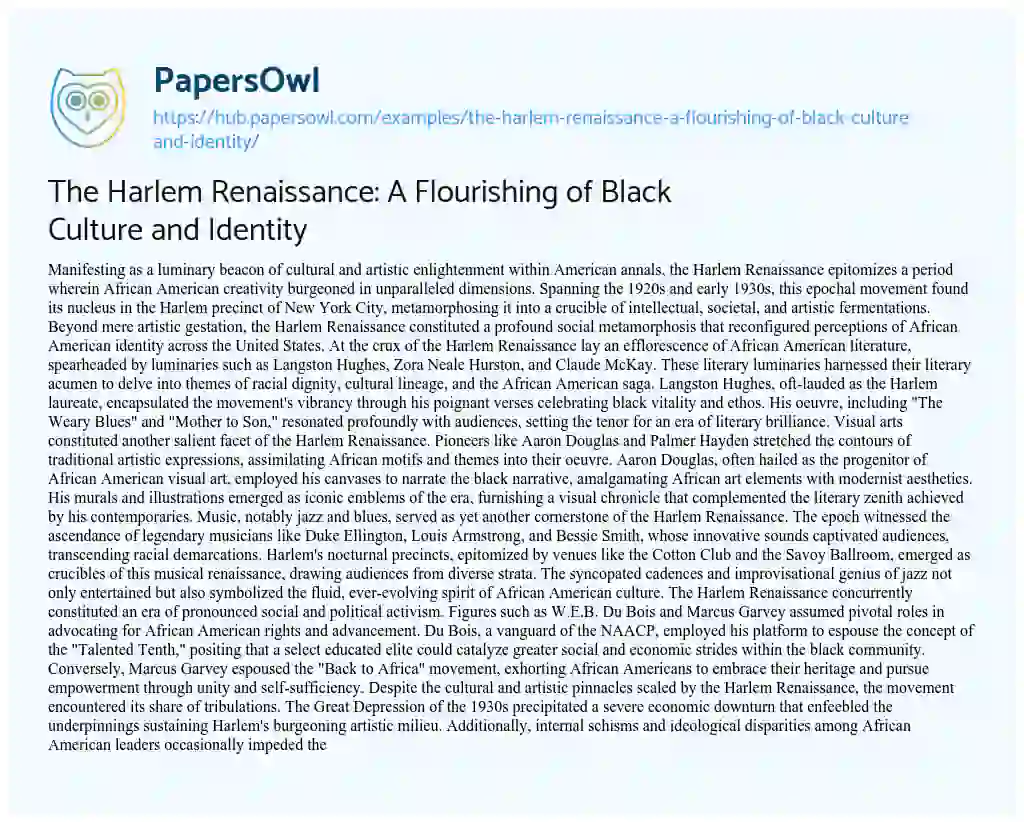 Essay on The Harlem Renaissance: A Flourishing of Black Culture and Identity