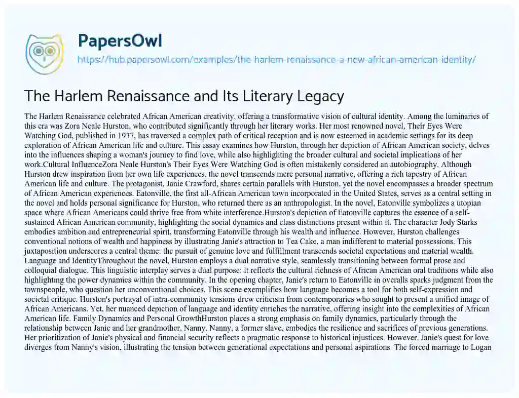 Essay on The Harlem Renaissance and Its Literary Legacy