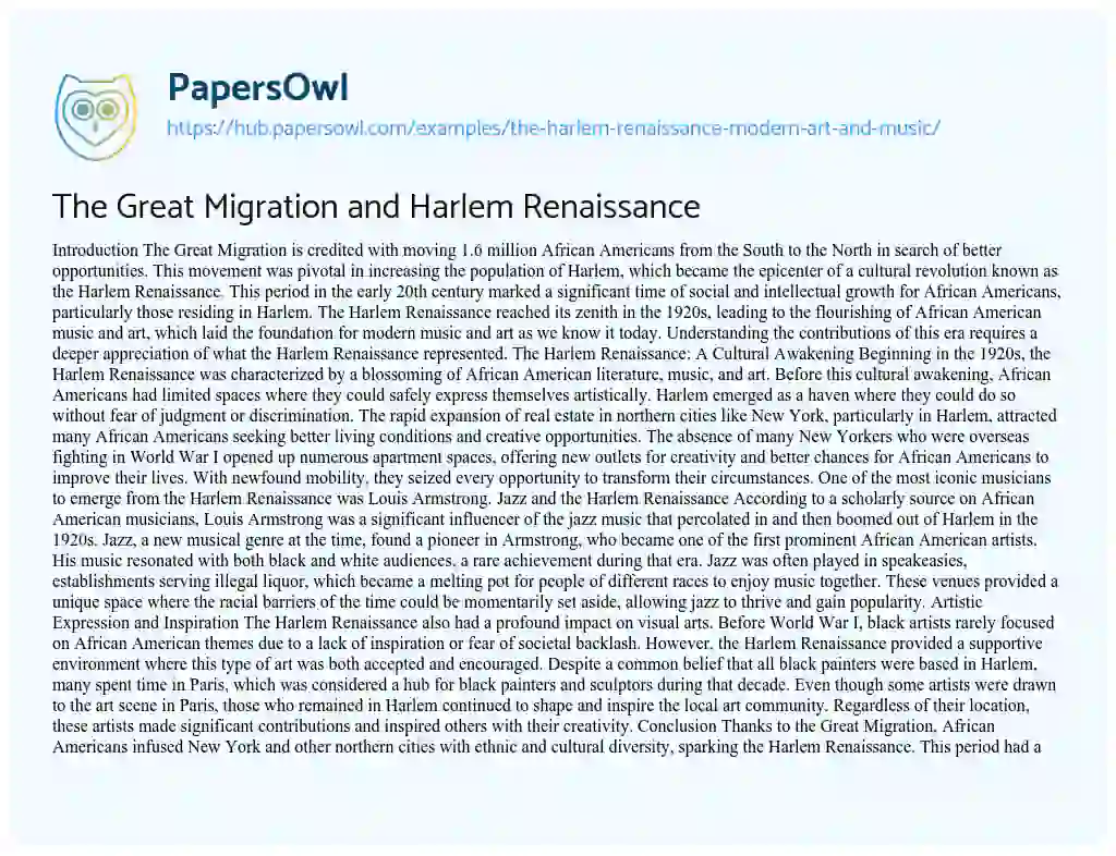 Essay on The Great Migration and Harlem Renaissance