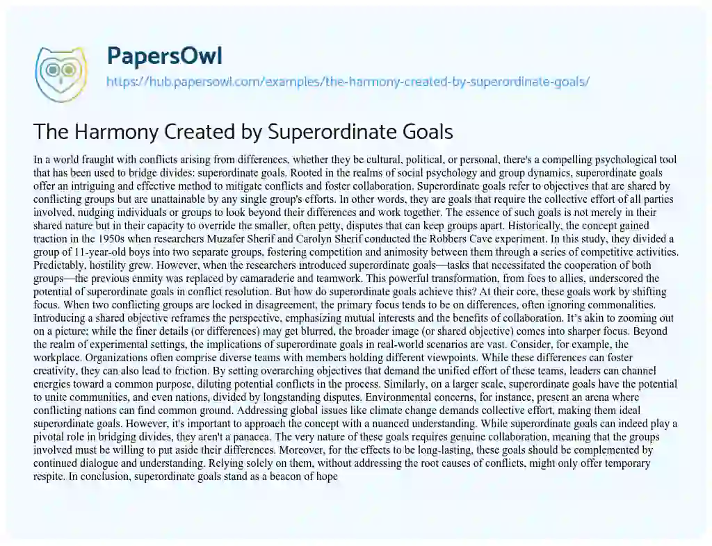 Essay on The Harmony Created by Superordinate Goals