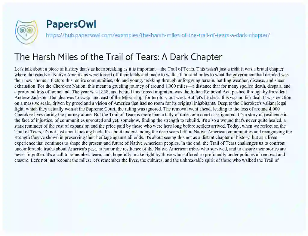 Essay on The Harsh Miles of the Trail of Tears: A Dark Chapter