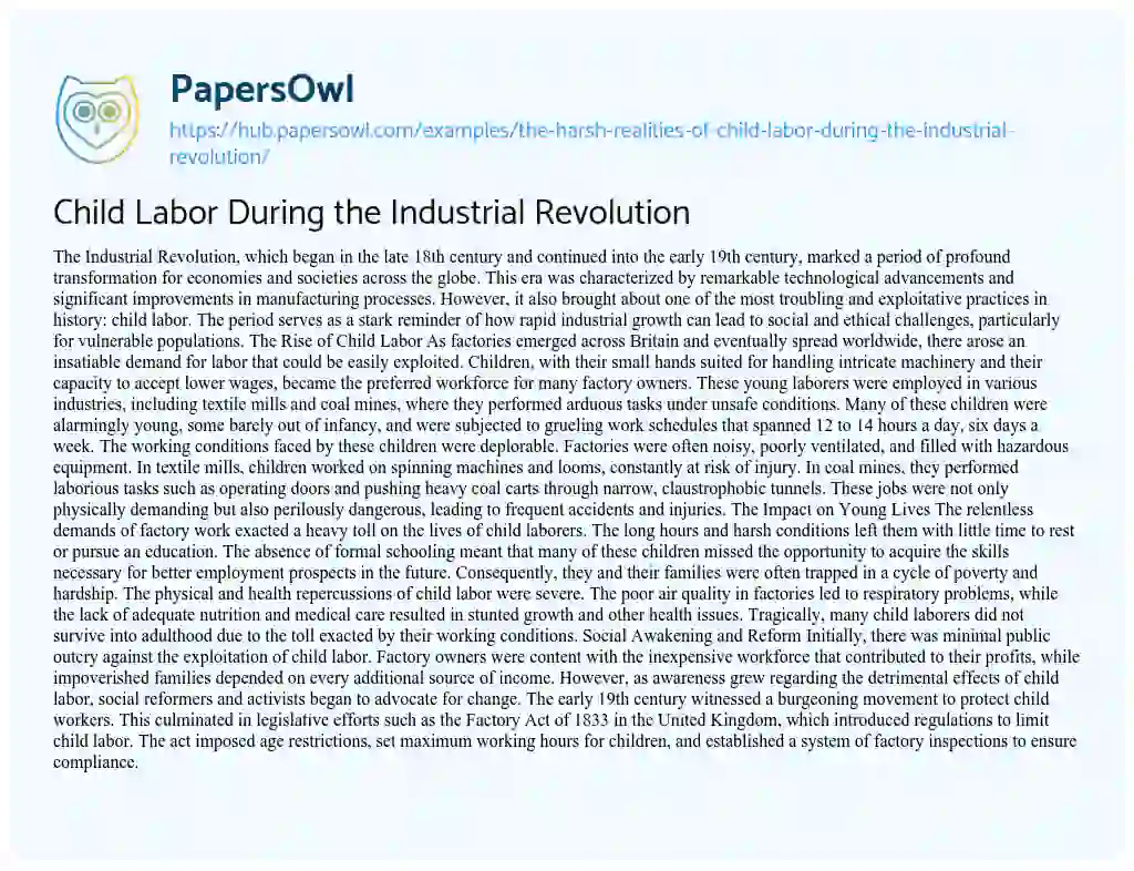 Essay on Child Labor During the Industrial Revolution