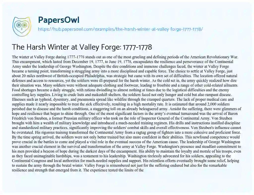 Essay on The Harsh Winter at Valley Forge: 1777-1778
