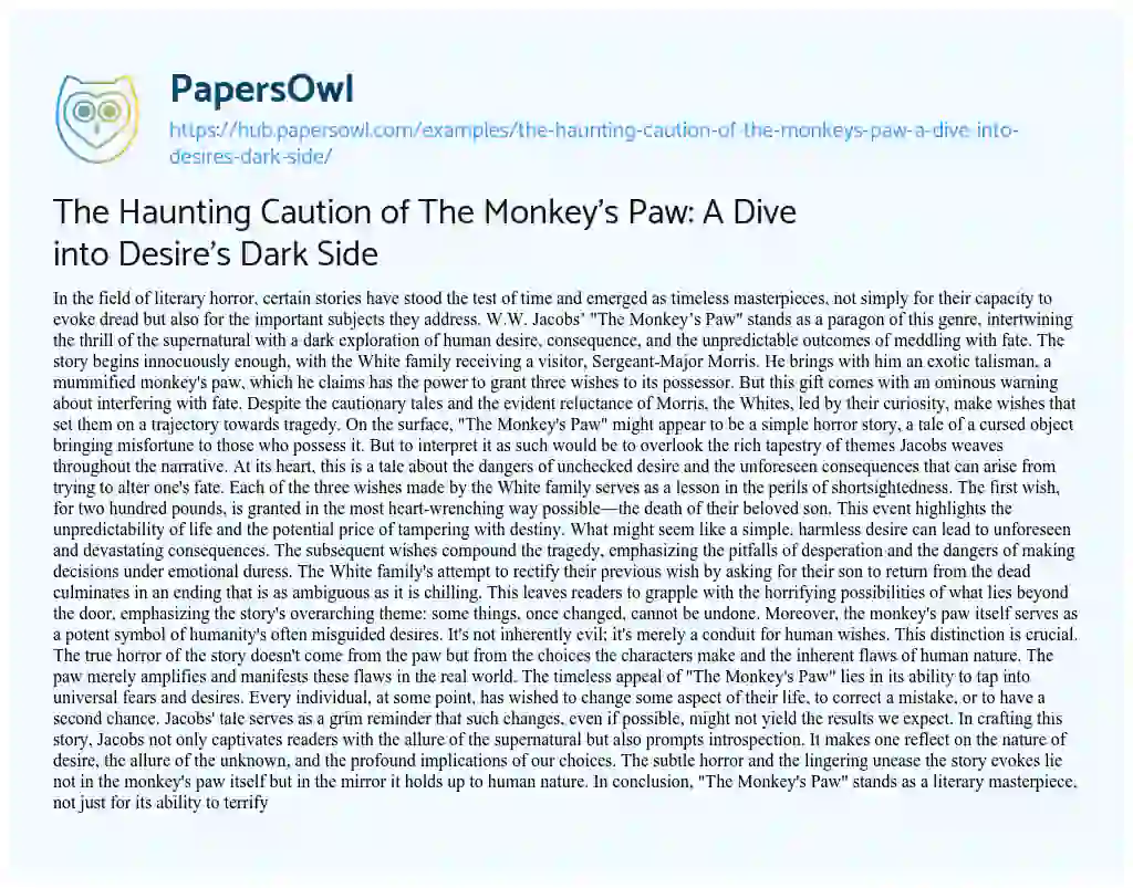 Essay on The Haunting Caution of The Monkey’s Paw: A Dive into Desire’s Dark Side