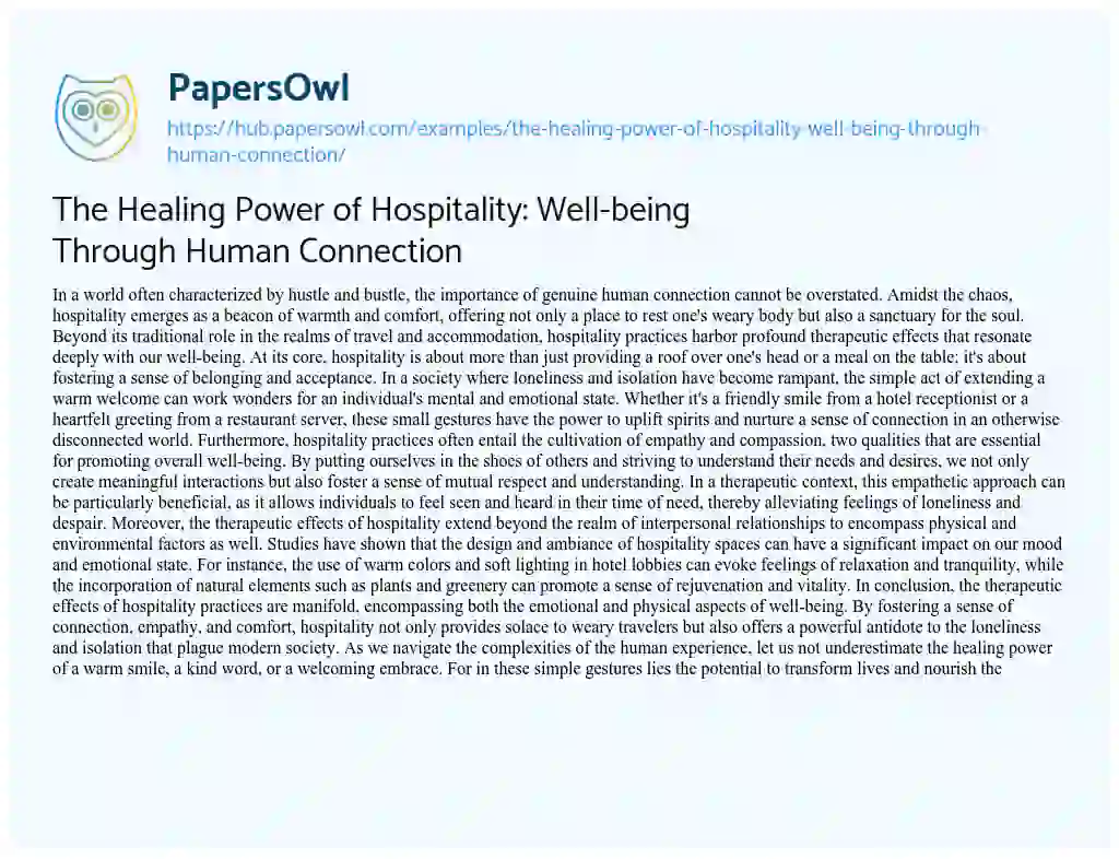 Essay on The Healing Power of Hospitality: Well-being Through Human Connection