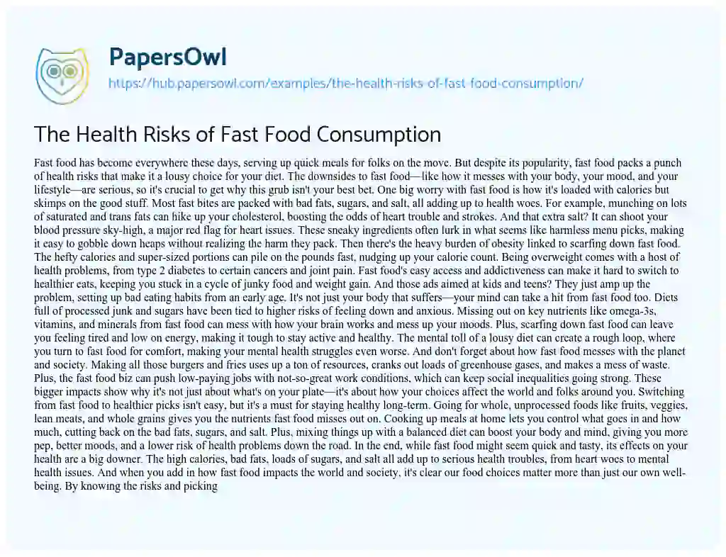 Essay on The Health Risks of Fast Food Consumption