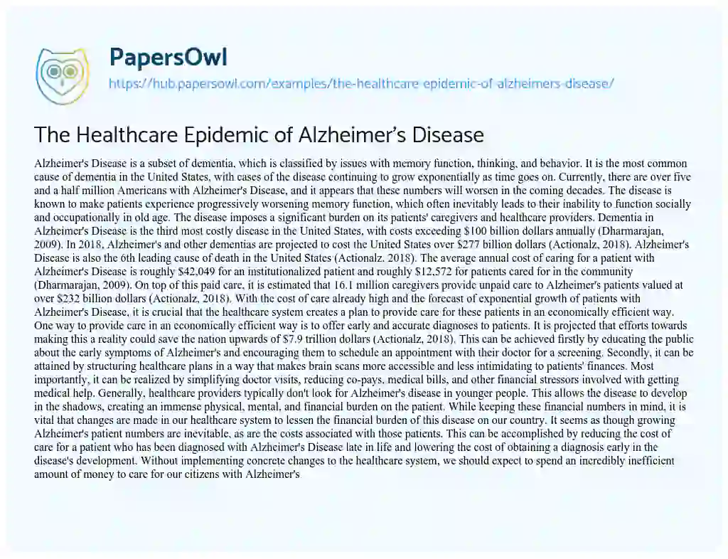 Essay on The Healthcare Epidemic of Alzheimer’s Disease