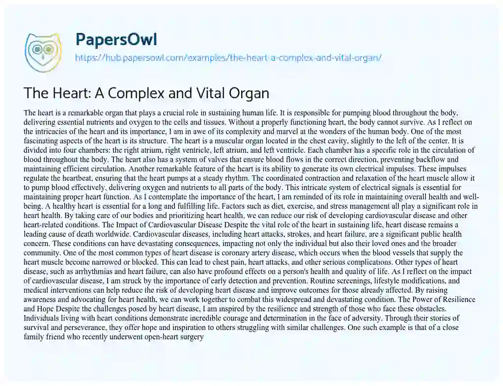 Essay on The Heart: A Complex and Vital Organ