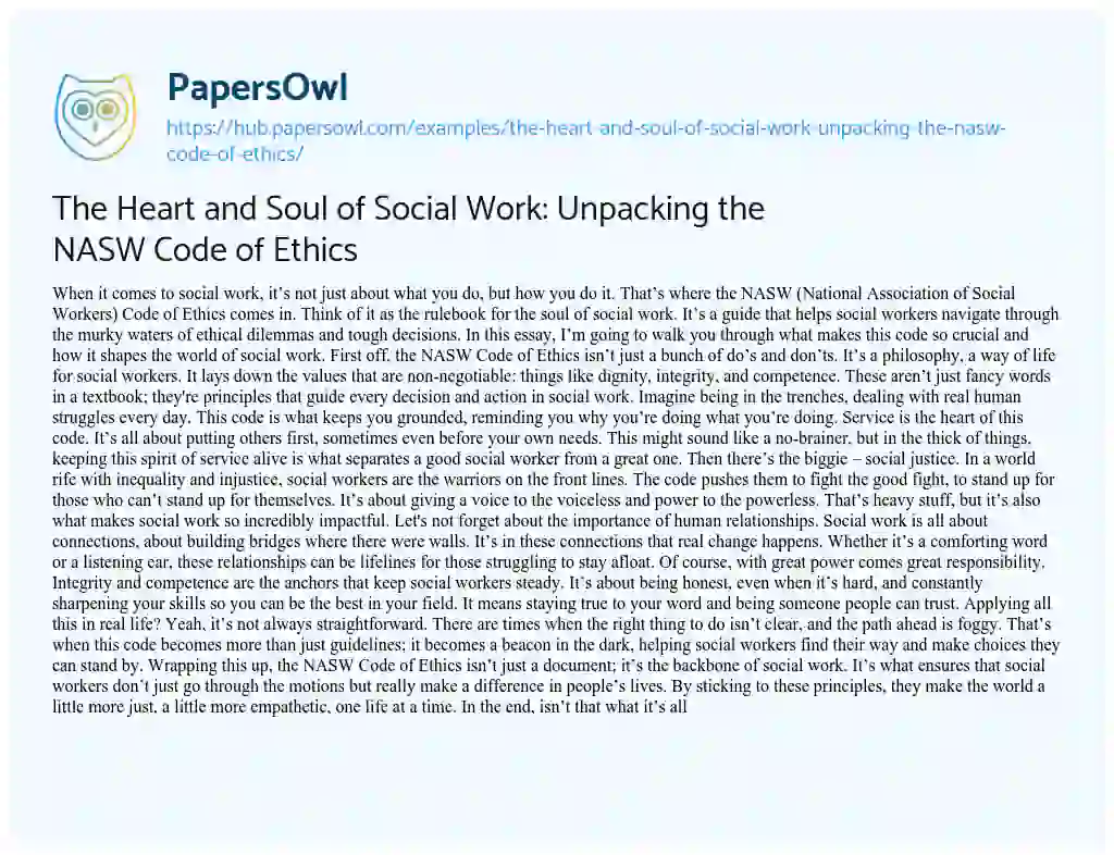 Essay on The Heart and Soul of Social Work: Unpacking the NASW Code of Ethics