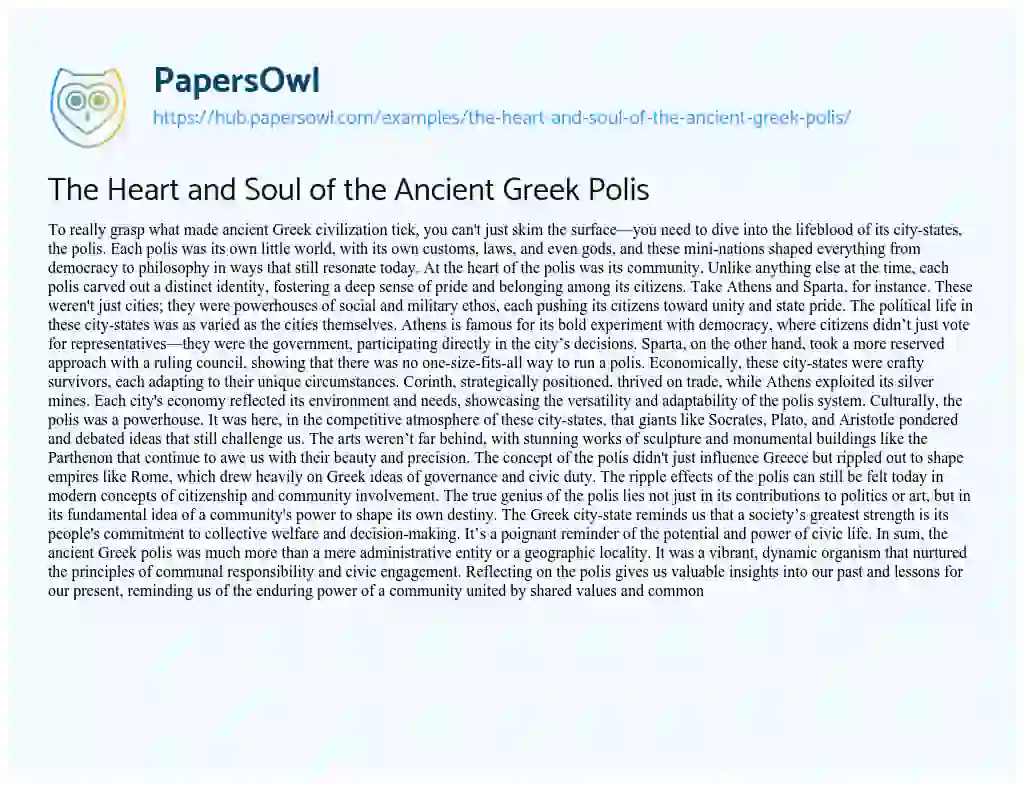 Essay on The Heart and Soul of the Ancient Greek Polis