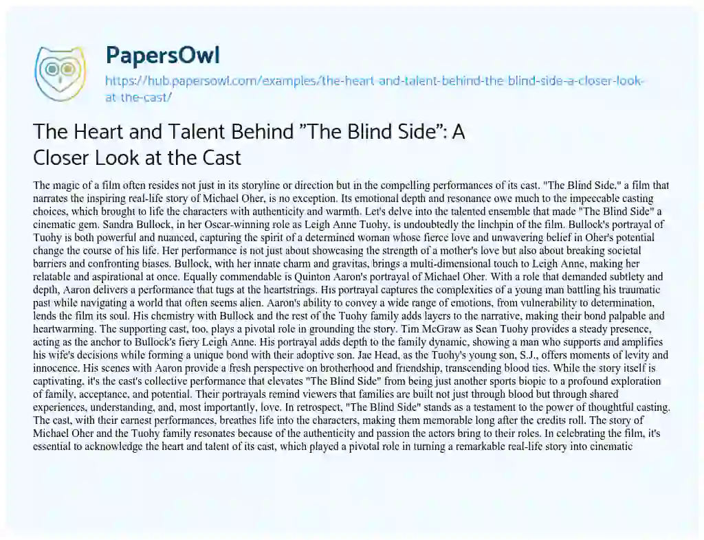 Essay on The Heart and Talent Behind “The Blind Side”: A Closer Look at the Cast