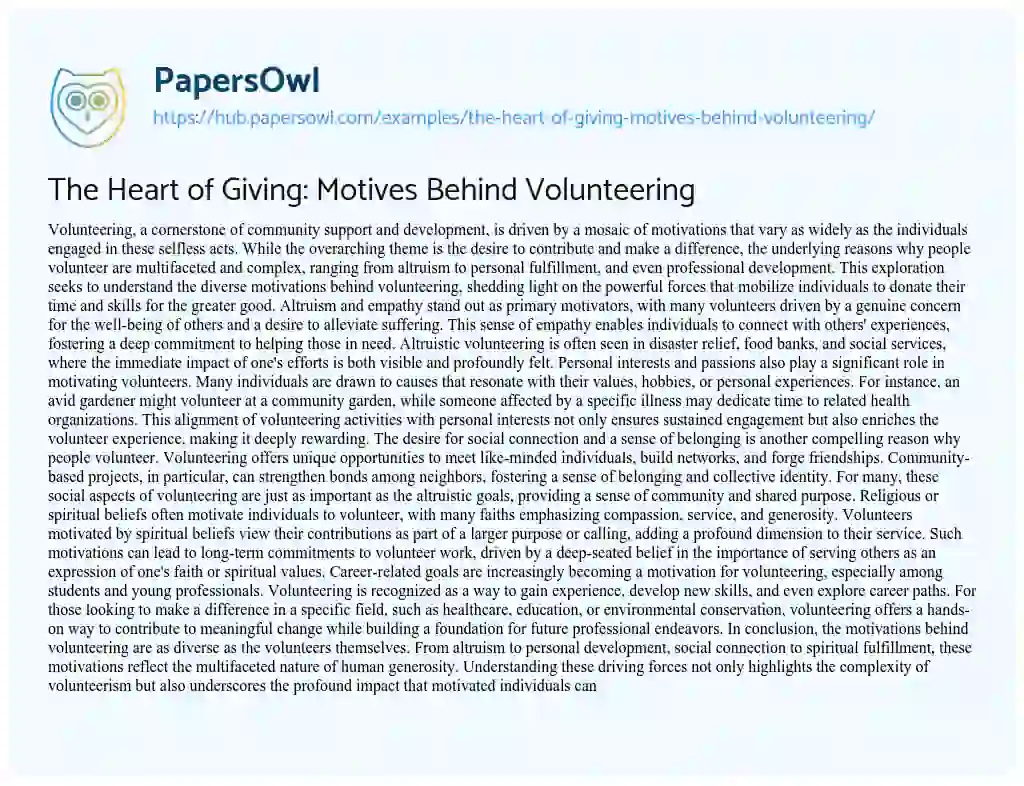 Essay on The Heart of Giving: Motives Behind Volunteering