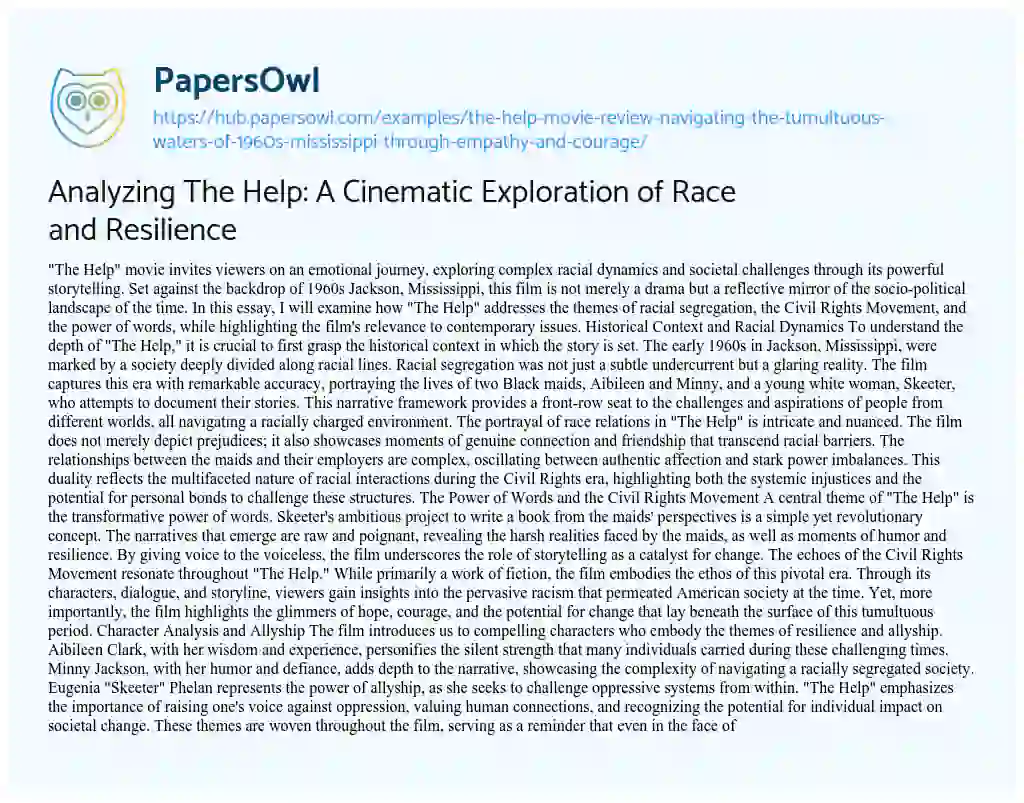 Essay on Analyzing The Help: A Cinematic Exploration of Race and Resilience