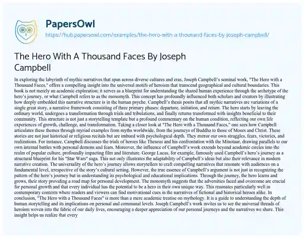 Essay on The Hero With A Thousand Faces By Joseph Campbell