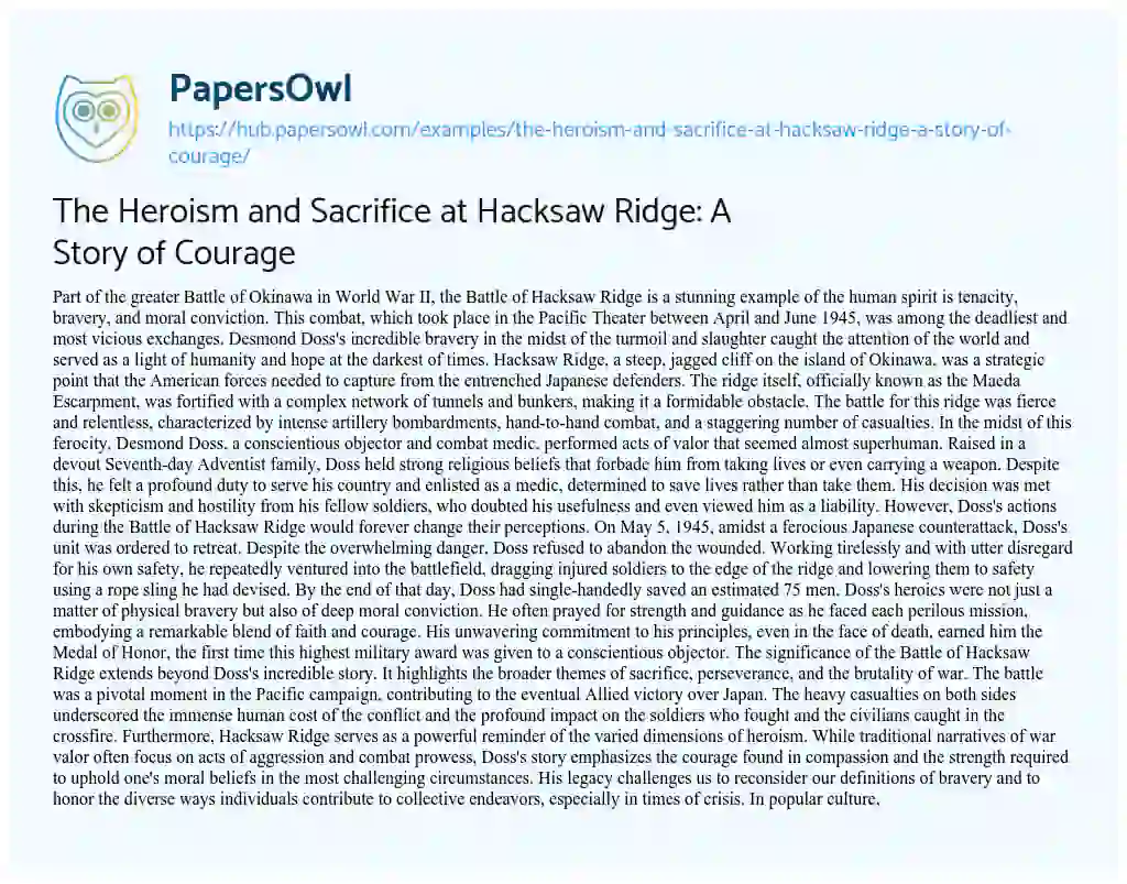 Essay on The Heroism and Sacrifice at Hacksaw Ridge: A Story of Courage