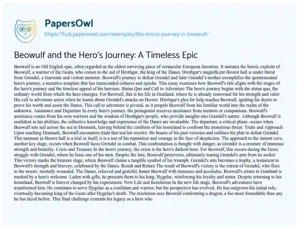 Essay on Beowulf and the Hero’s Journey: A Timeless Epic